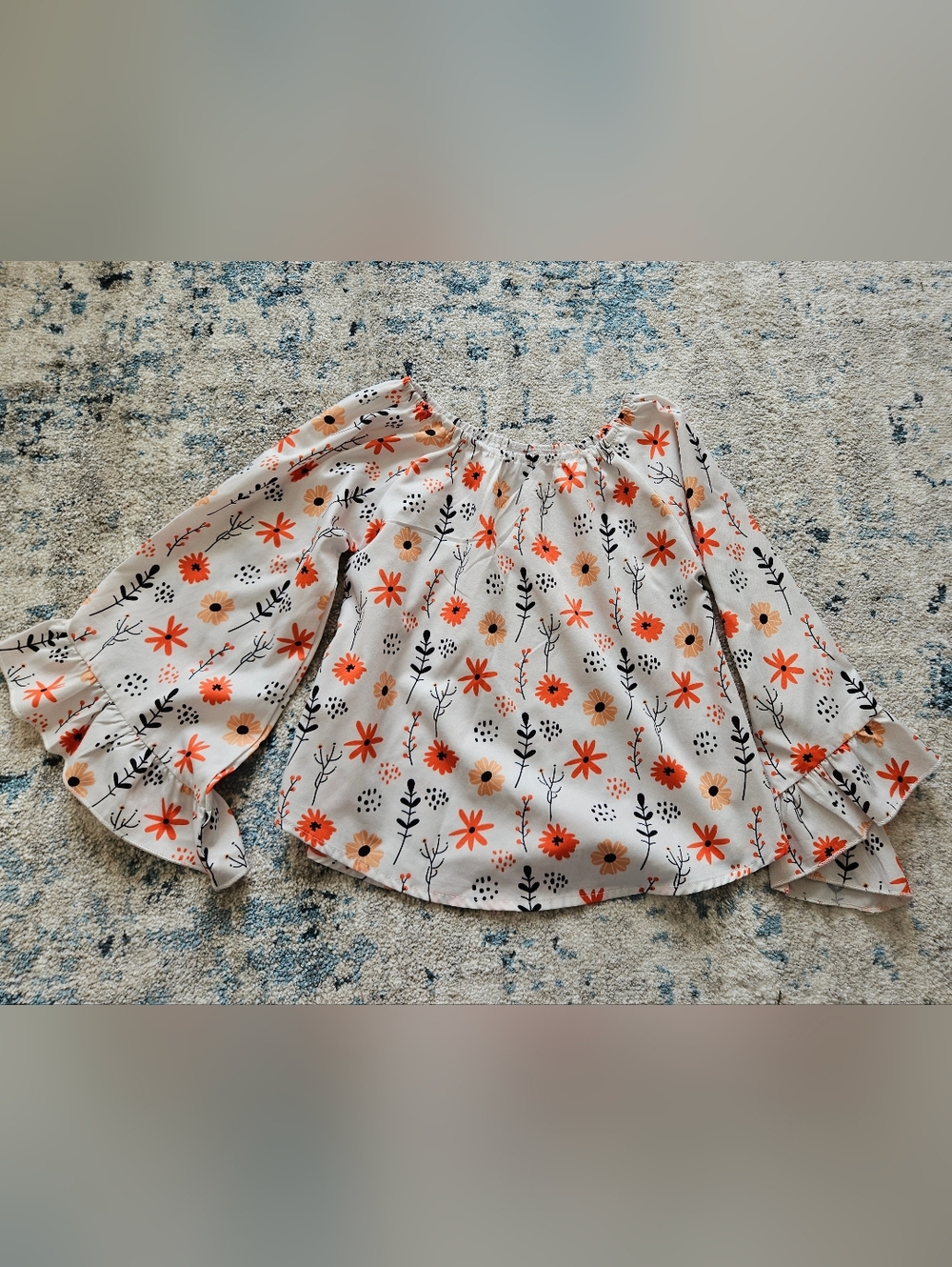 Floral Off-Shoulder Peasant Blouse in Cream with Orange & Tan Flowers
